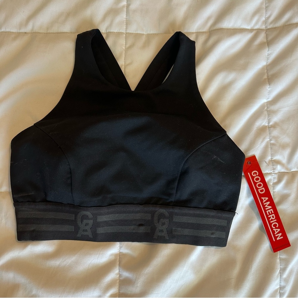 Good American Jet Black Sports Bra NWT